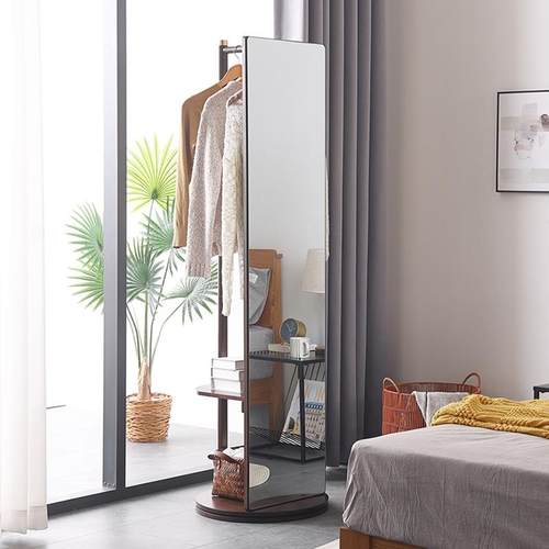 实木穿衣镜全身镜落地镜家用试衣镜子铜素可旋转移动带挂衣架一体