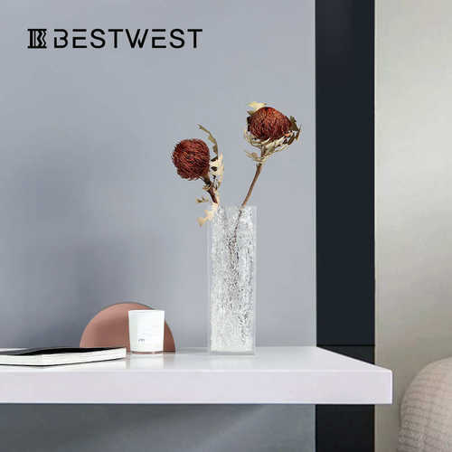 Best west 北欧方形轻奢碎纹玻璃花瓶花器高档售楼处样板间软装