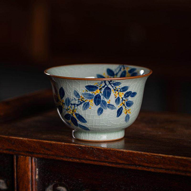 景德镇老陶泥手绘桂花主人杯富贵吉祥釉下彩青花茶杯功夫茶杯单杯