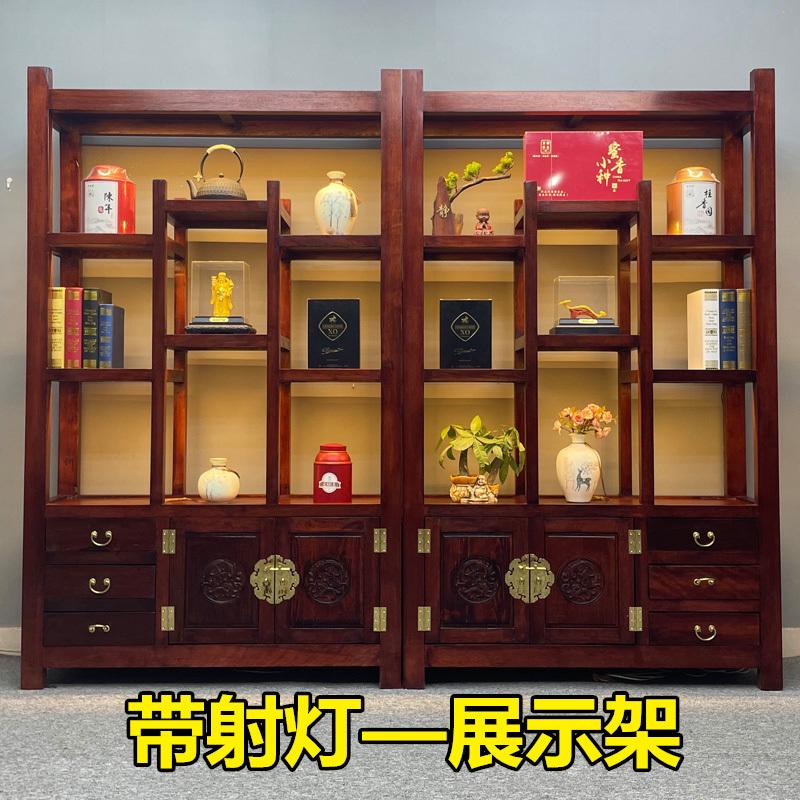 老船木博古架实木带射灯展示柜茶叶架办公室多功能落地酒柜置物架