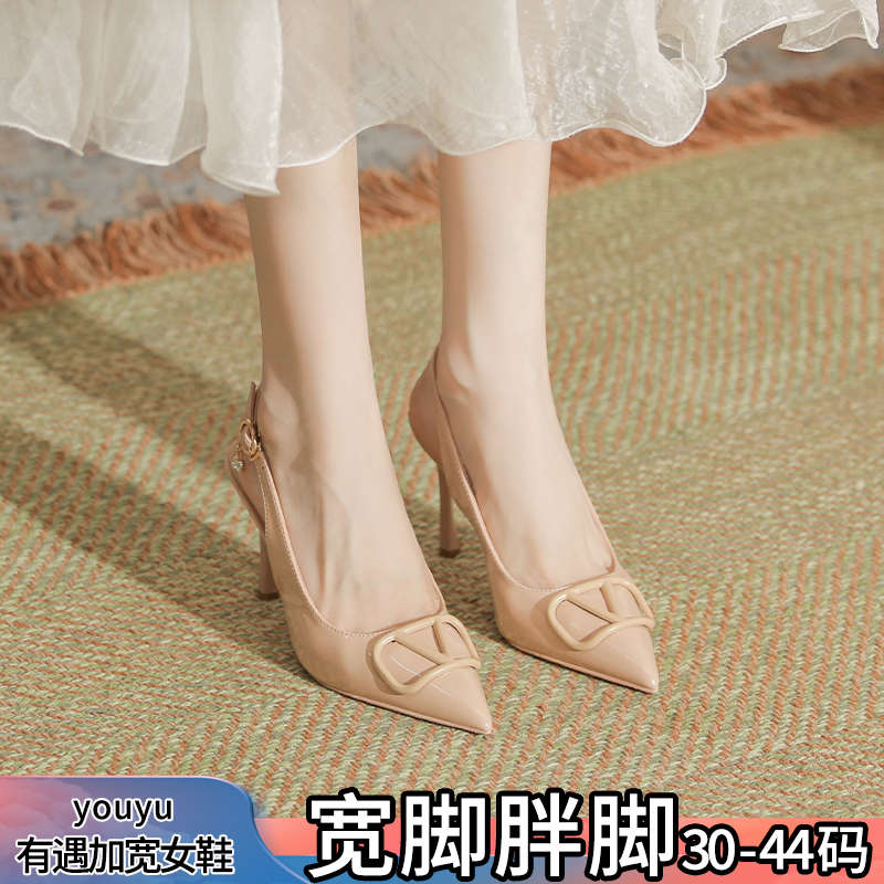 小码后空凉鞋313233加宽加肥V字高跟鞋大码宽脚胖脚41一43胖m女鞋