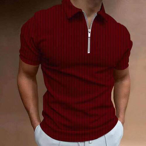 外贸男装时尚纯色暗条纹短袖Polo衫翻领修身T恤潮Men polo shirt