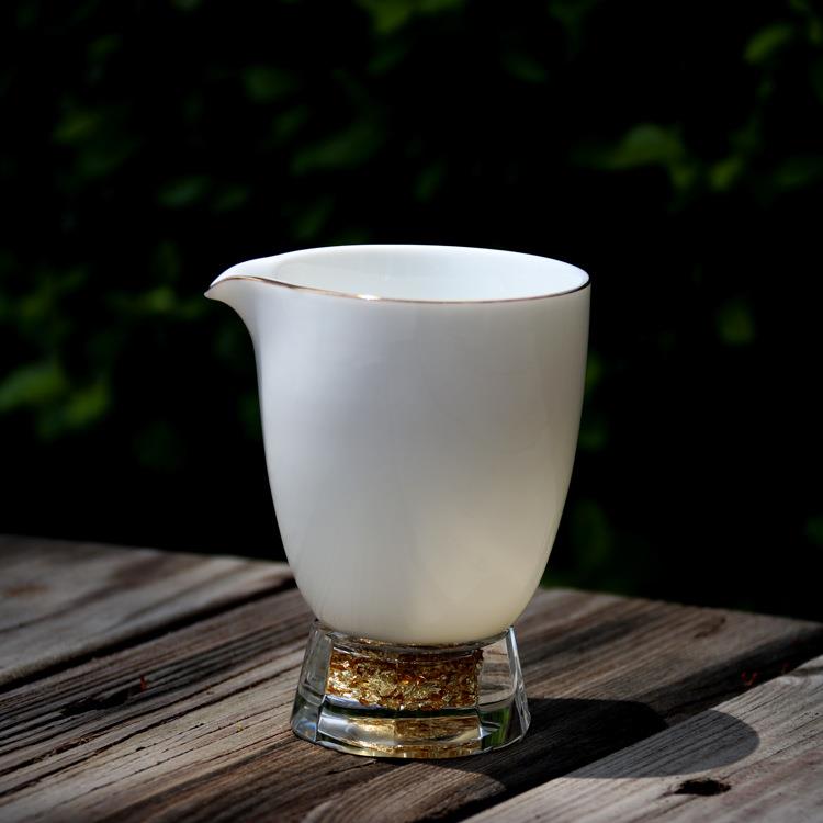 高档羊脂玉金箔水晶珠圆茶海白瓷手抓公道杯玻璃公杯陶瓷分茶器