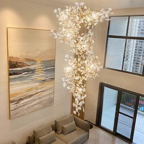 复式楼大吊灯loft楼梯吊灯轻奢别墅挑空客厅大堂售楼部银杏树叶灯