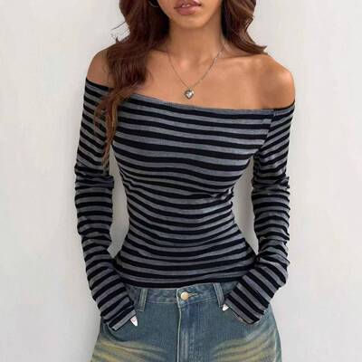 Women's Off-the-Shoulder Striped Cropped Top Slim Fitted