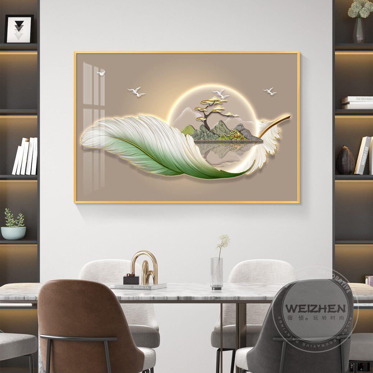 福禄轻奢羽毛饭厅装饰画简约现代饭厅挂画壁画厨房背景墙横幅大气
