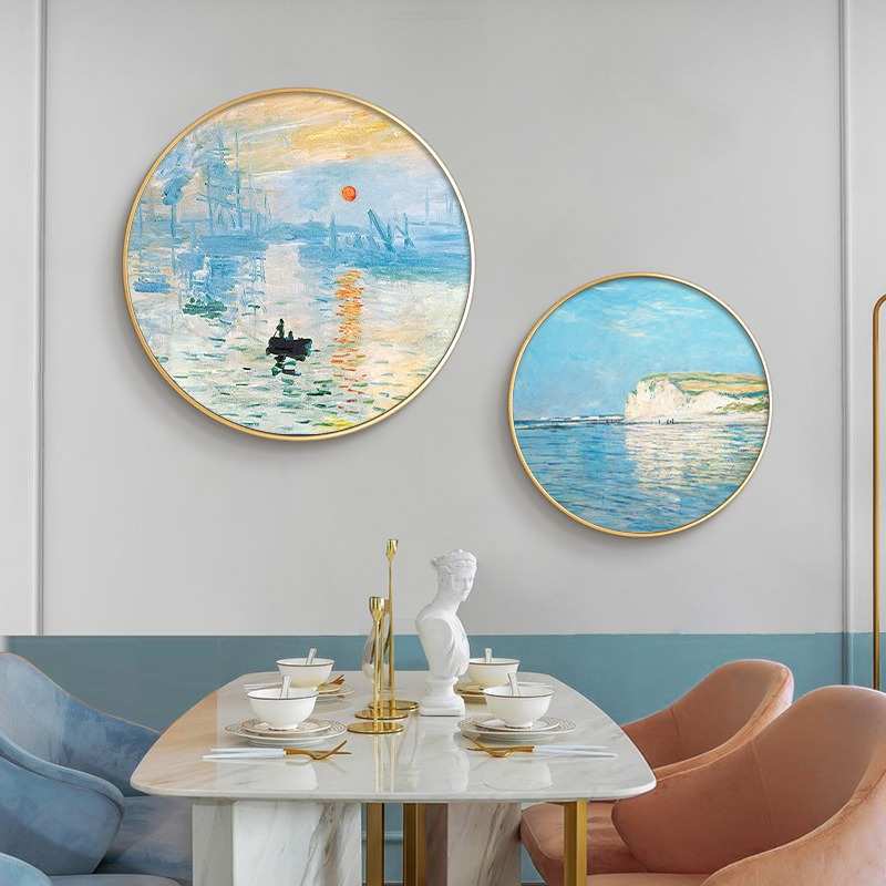 莫奈世界名画圆形装饰画抽象玄关走廊过道风景画饭厅挂画日出印象图片
