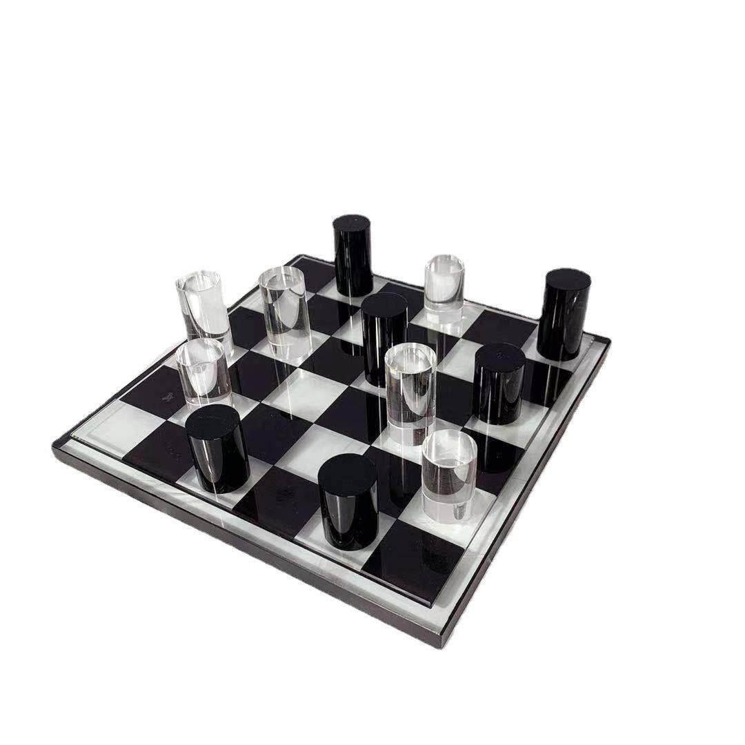 现代水晶玻璃黑白棋子格子棋盘摆件家居客厅玄关电视柜样板间摆饰