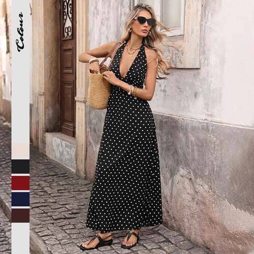 Women's Halter Polka Dot Maxi Dress Sleeveless Backless Deep