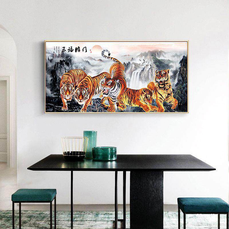 2025新款办公室书房老虎挂画客厅五虎装饰画猛虎下山图虎啸山林墙