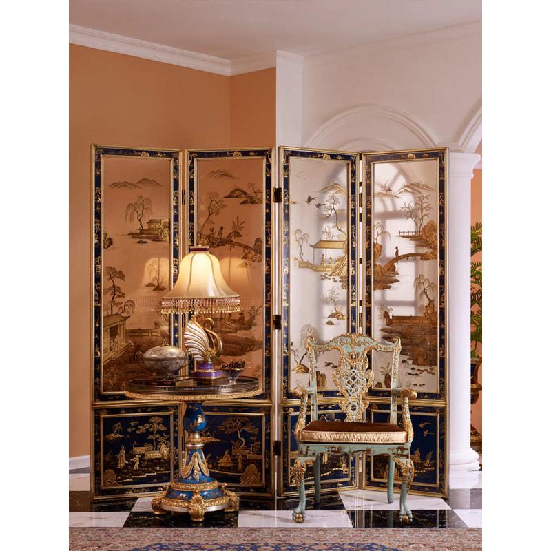 奢华法式欧式中国风手绘金绿蓝色四扇配仿古玻璃双面雕花屏风