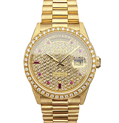 正品[9.8新]劳力士星期日历型黄金满天星后镶钻自动机械男表18038