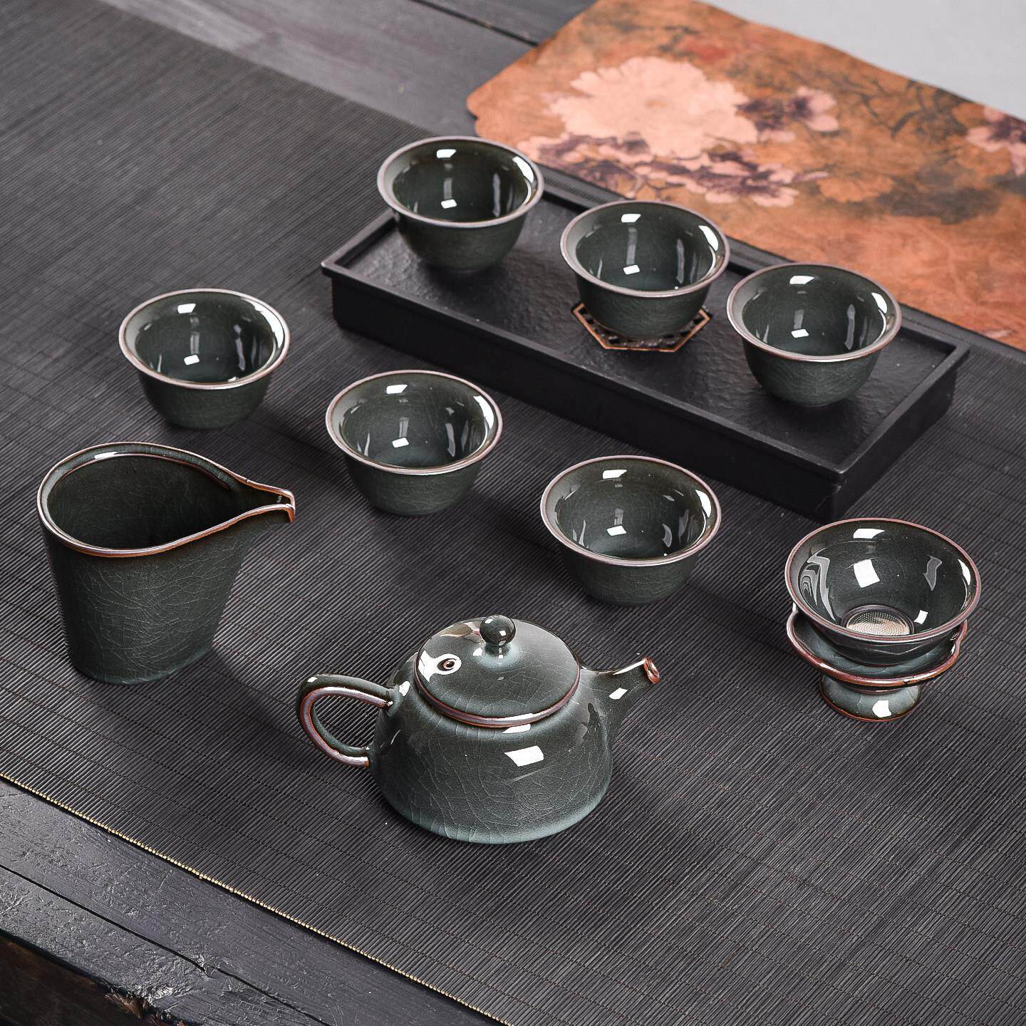 青瓷哥窑铁胎高档功夫茶具套组手工盖碗铁胎冰裂茶壶茶杯家用陶瓷