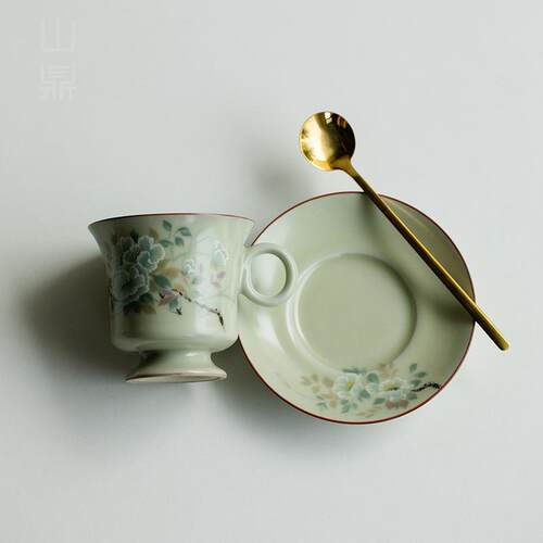 山鼎秘黄汝窑花鸟图复古咖啡杯碟组合陶瓷办公杯高颜值马克杯蝶组