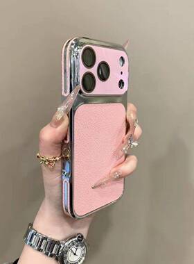 ins新款荔枝皮纹适用苹果17promax手机壳镭射大视窗镜头膜iPhone16promax高级感15/14女款13防摔高颜值保护套