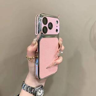 ins新款荔枝皮纹适用苹果17promax手机壳镭射大视窗镜头膜iPhone16promax高级感15/14女款13防摔高颜值保护套