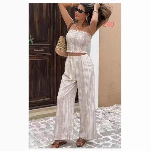 Summer 2-Piece Set, Women'S Holiday Striped Crop And Long