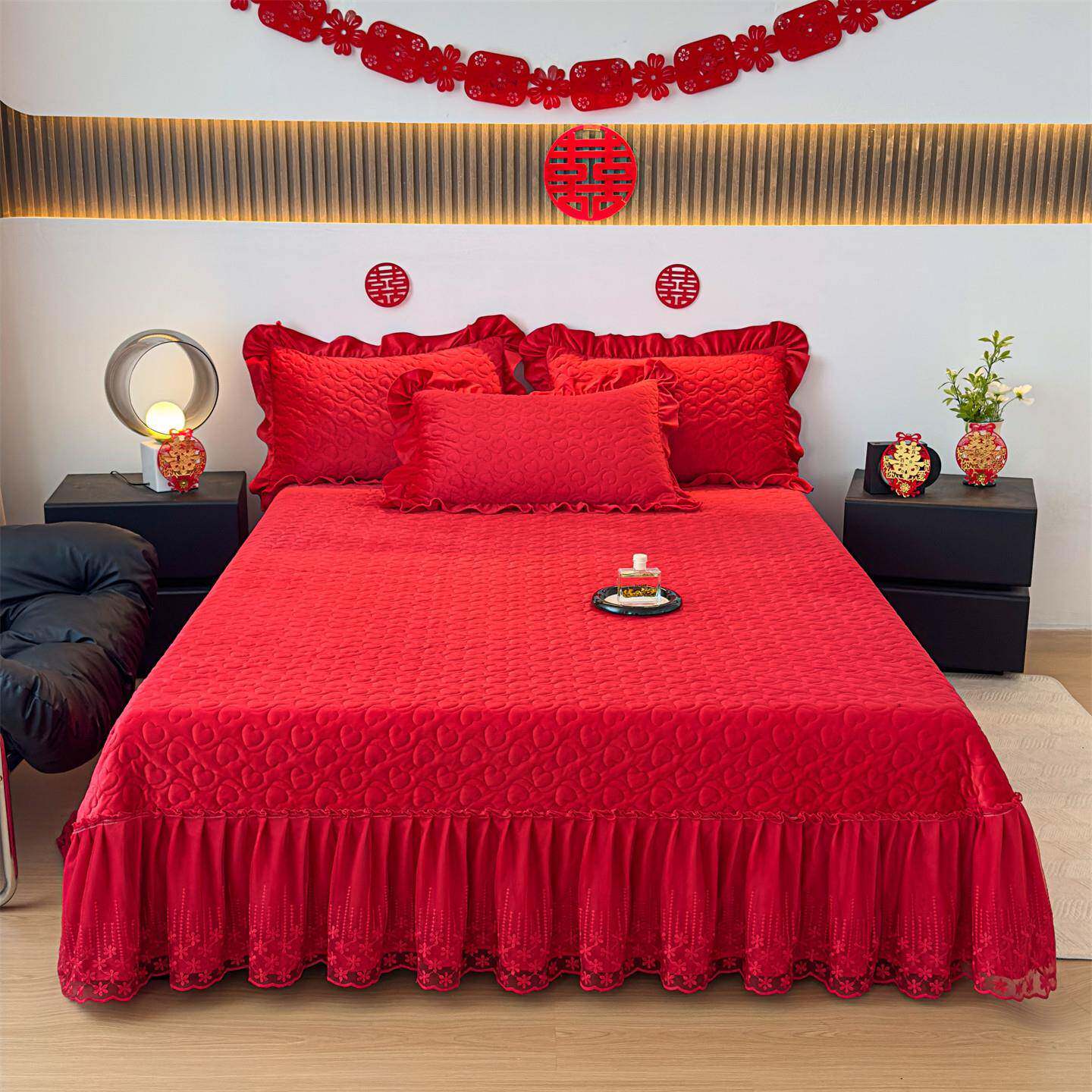 新款秋冬保暖宝宝绒夹棉单件床盖三件套结婚庆大红色加厚绗缝床单