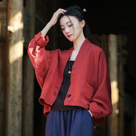 新中式上衣秋季文艺复古做旧衬衫棉麻盘扣，开衫禅意女装短外套