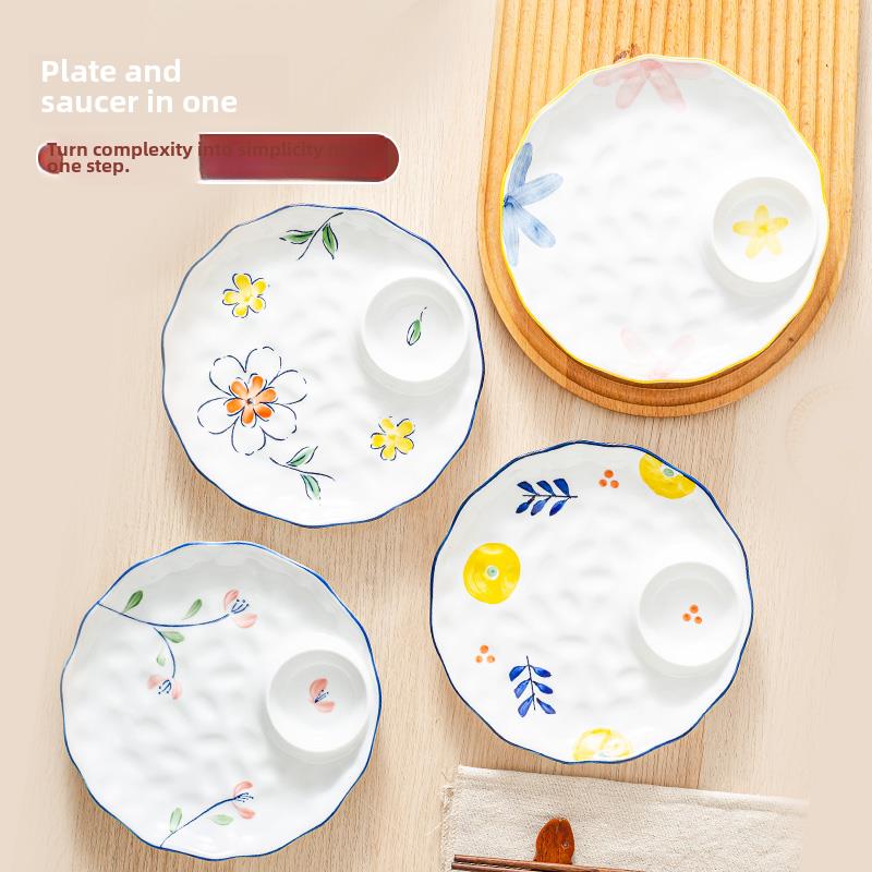 釉下彩饺子盘 带醋碟餐厅家用釉下彩陶瓷分格盘海鲜凉菜盘菜盘子