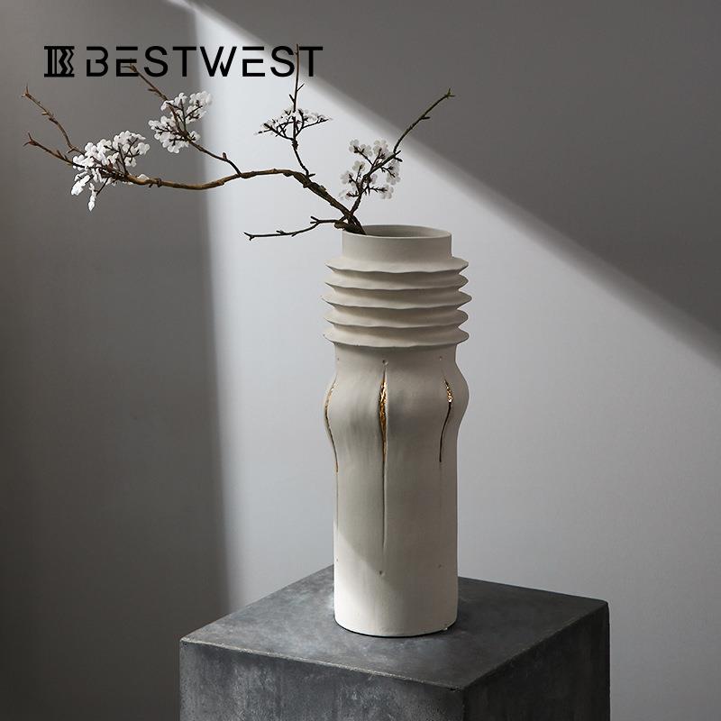 博西家居后现代彩绘螺纹直筒陶瓷花瓶摆件ins样板间展会陈列花器