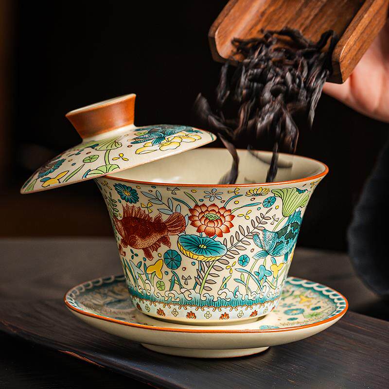 汝窑开片悬停防烫家用陶瓷悬停盖碗三才泡茶杯带盖子子可旋转茶碗