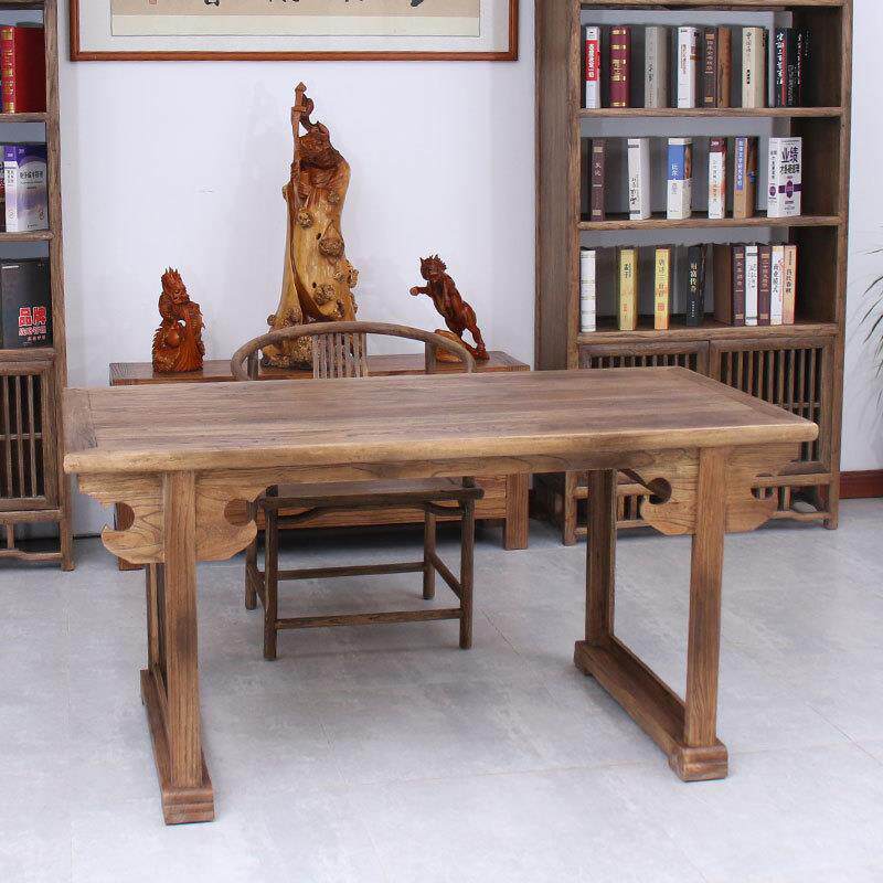 老榆木中式画案画桌泡茶桌两用实木复古风化做旧餐桌明式书法案台
