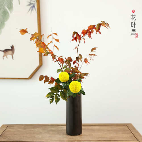 黑色陶瓷直筒瓶中式禅意插花花器富贵竹水培花瓶酒店民宿装饰摆件