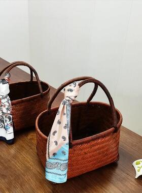 复古竹编买菜篮提篮手工编购物篮提手篮竹制品外出游玩采摘篮大号