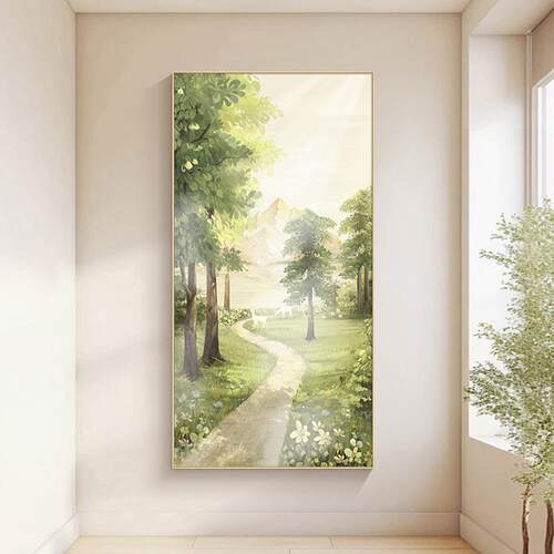 麋鹿玄关装饰画竖版过道挂画走廊尽头壁画奶油风空间感森林风景画