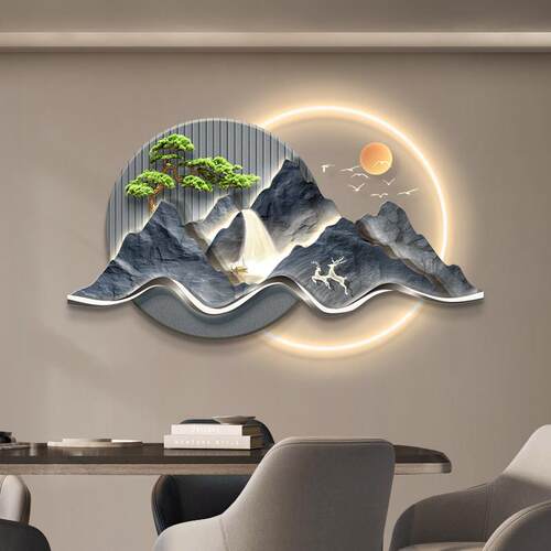 新款直销新中式茶室客厅装饰画办公室书房灯画大气山水高档迎客松