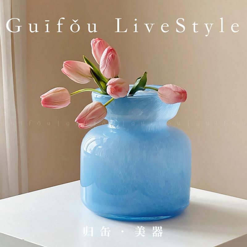 归缶晴天蓝琉璃花瓶法式北欧ins风艺术琉璃玻璃花瓶花器软装摆件