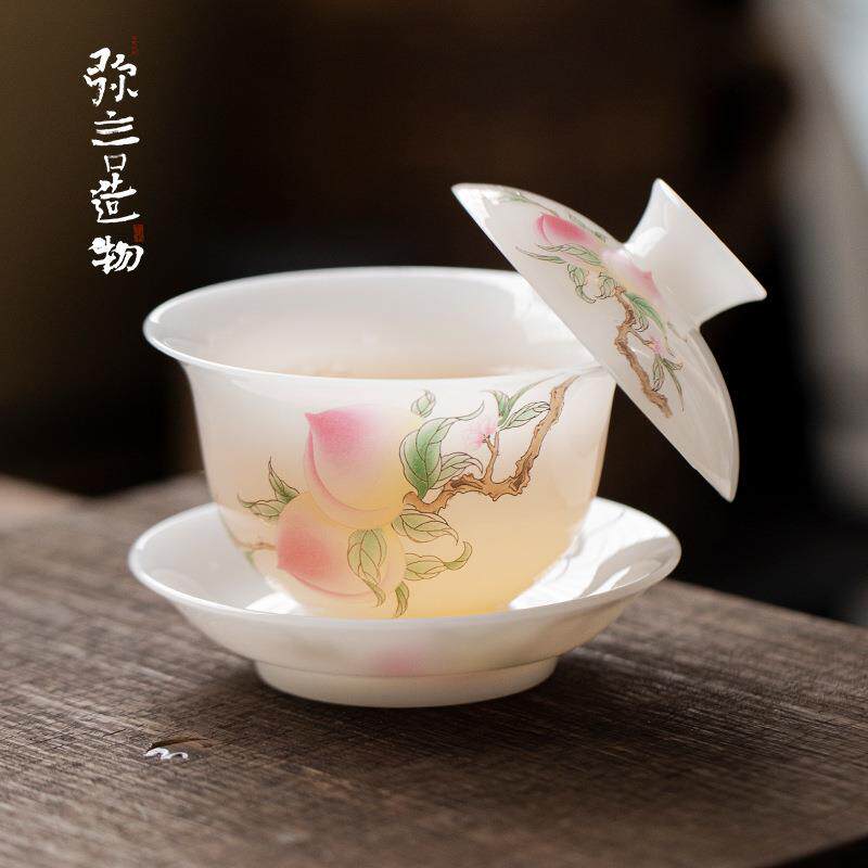 弥言高档冰种玉瓷德化白瓷手工盖碗简约现代三才盖碗泡茶器不烫手