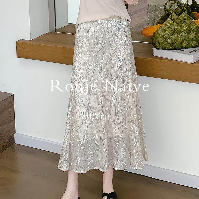 Rouje Naive亮片鱼尾裙温柔绝美半身裙女春夏新中长裙网纱包臀裙