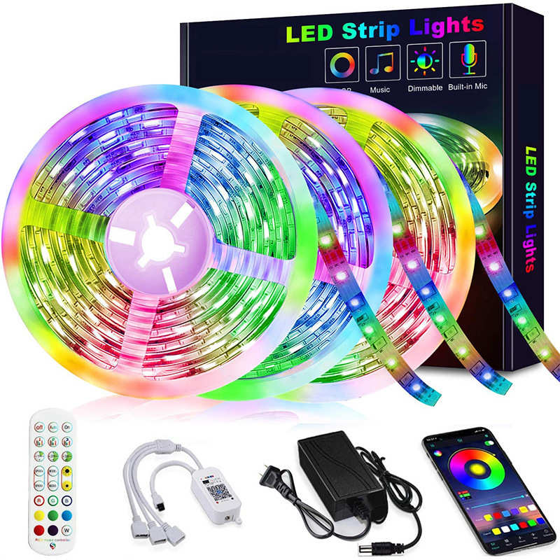跨境专供LED灯带套装5050七彩rgb24键蓝牙音乐12V滴胶防水软灯条