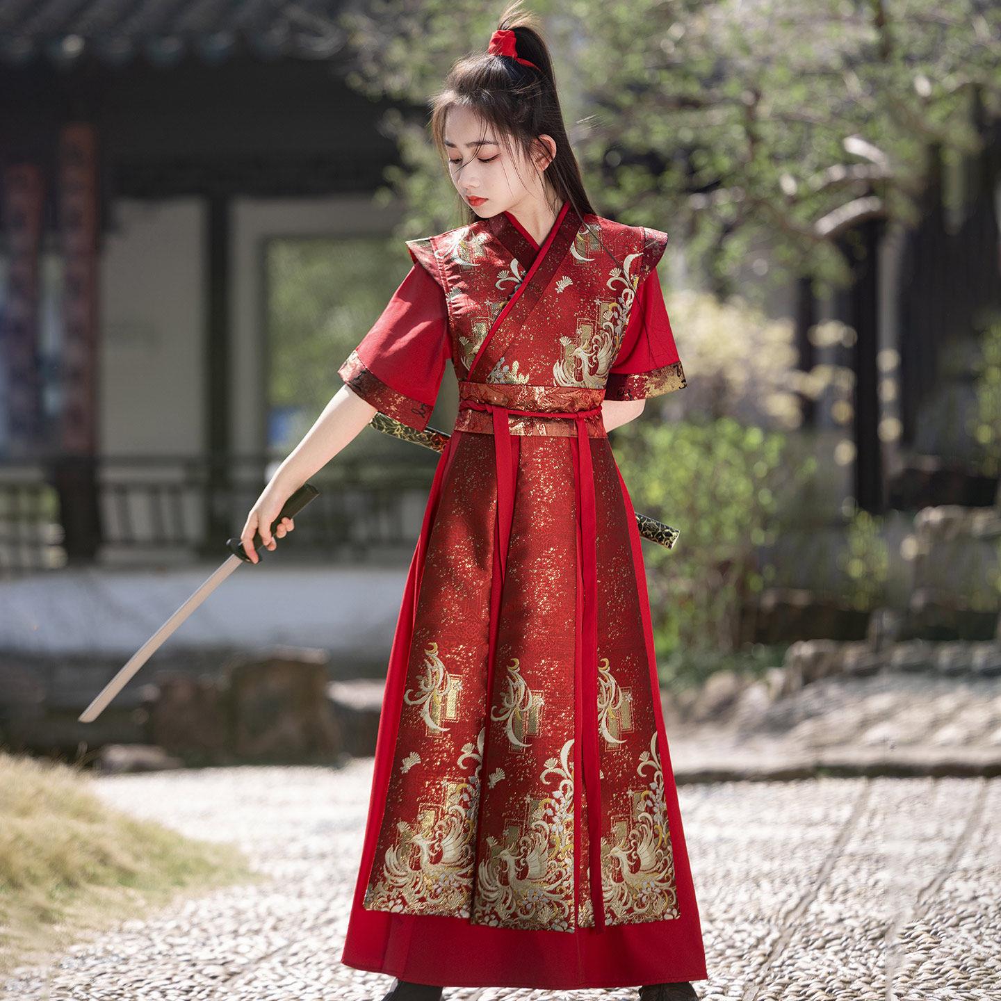 女童花木兰服装儿童红色汉服中国风夏季短袖女侠将军古装演出服飒 - 实物图