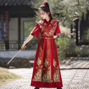 女童花木兰服装儿童红色汉服中国风夏季短袖女侠将军古装演出服飒