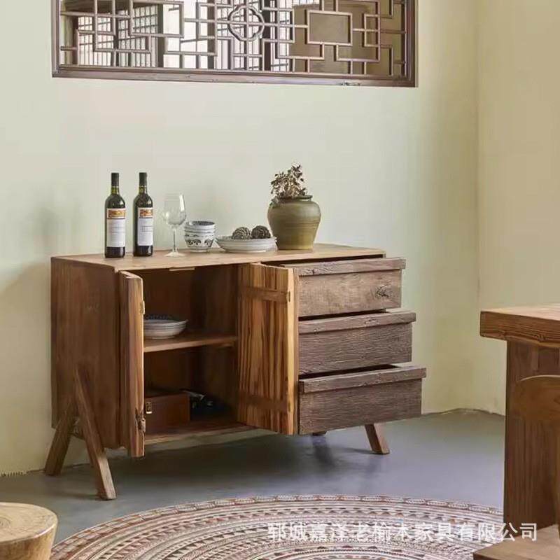 老榆木餐边柜简约中式复古客厅储物柜实木碗柜轻奢餐厅家具玄关柜