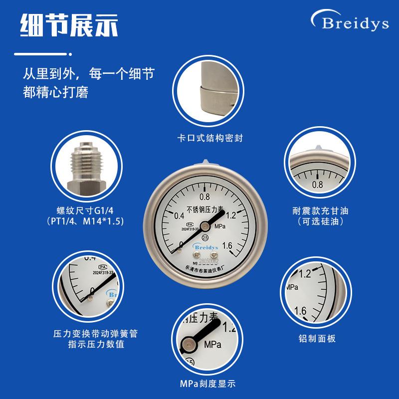 进口式不锈钢压力表EN-837耐酸碱耐腐蚀水压气压液压高精度压力表