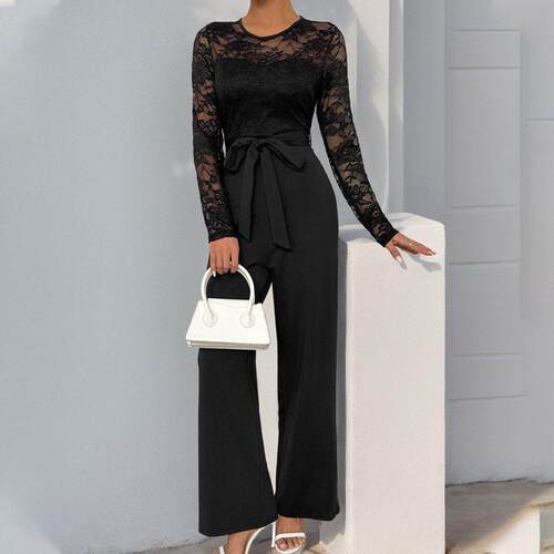 Jumpsuit with lace patchwork and lace up straps