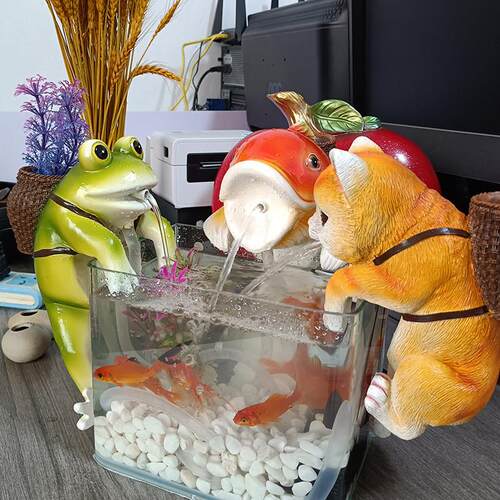 创意可爱猫咪青蛙吐水流水鱼缸水循环造景水族箱缸边悬挂装饰摆饰