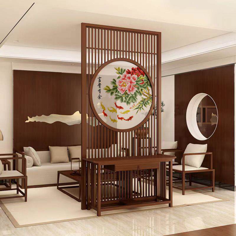 半透明纱布画入户富贵花开牡丹九鱼单双面刺绣实木花格隔断屏风柜