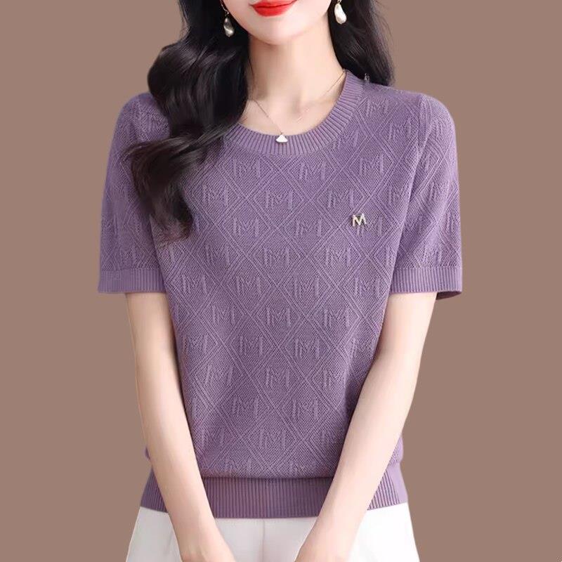 夏季2025新款上衣女桑蚕丝短袖t恤妈妈宽松圆领遮肚子冰丝针织衫