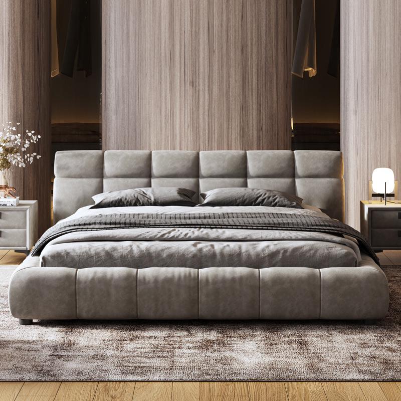 意式极简布艺床家用简约棉麻方块床头储物床卧室1.8米双人高箱床