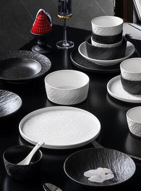 黑白Z1204陶岩板高端碗碟套家用瓷餐装具釉下碗盘彩子套装乔迁礼