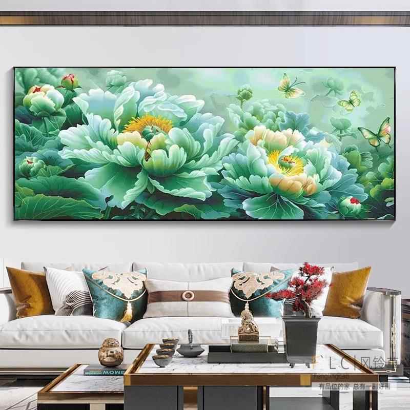 卧室5d钻石画花开2富贵厅满钻05PLJ新款客粘钻石贴十字绣绿牡2丹
