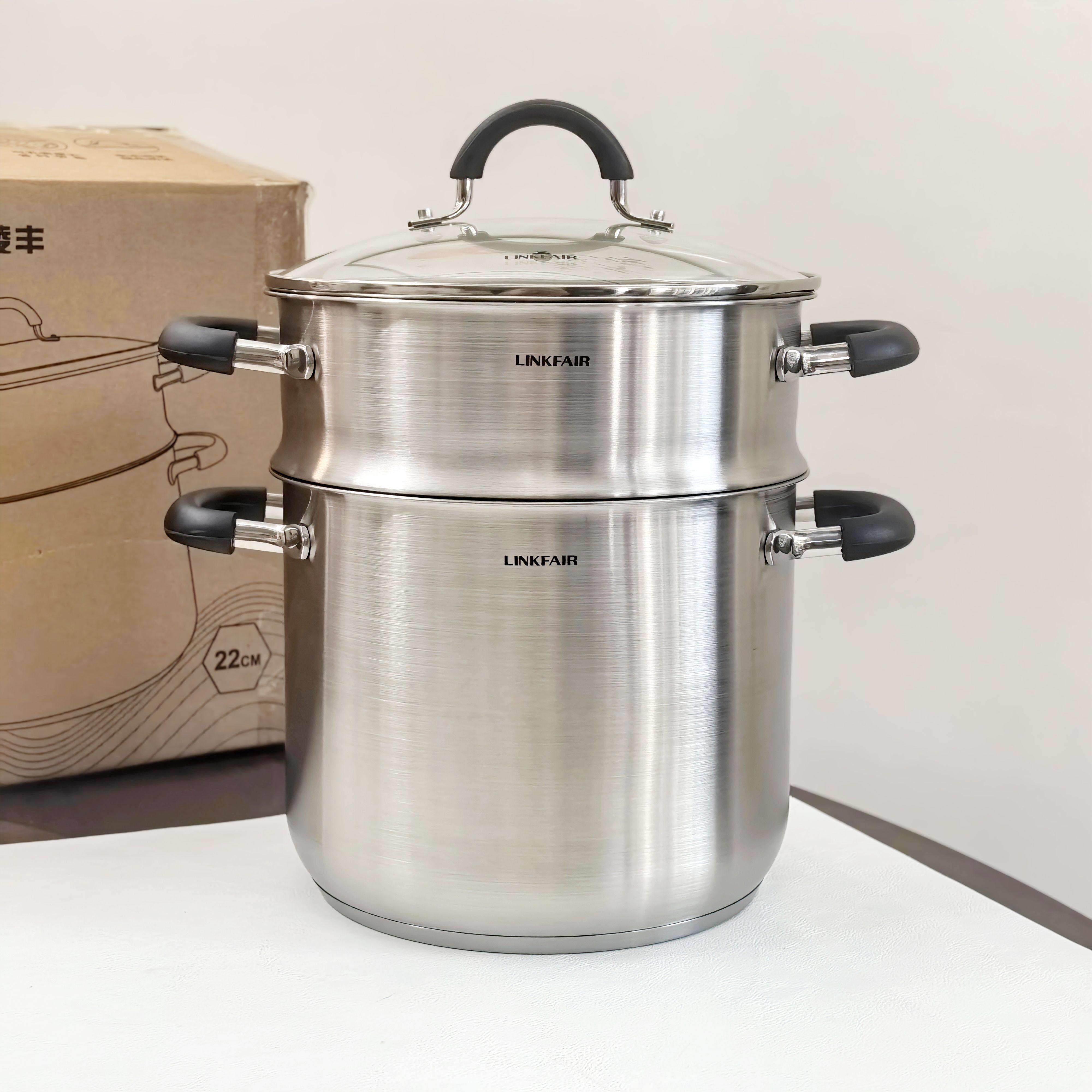 凌丰304不锈钢双层蒸锅家用多层汤锅带蒸笼电磁炉燃气通用22cm