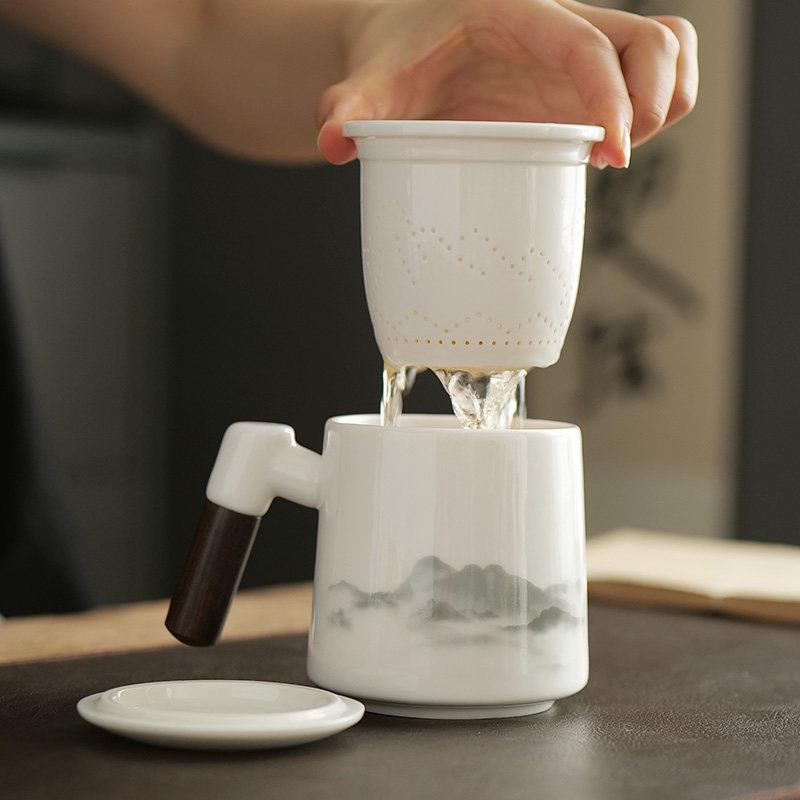 水墨羊脂玉白瓷茶杯办公茶水分离杯子带过滤泡茶杯礼盒装活动礼品