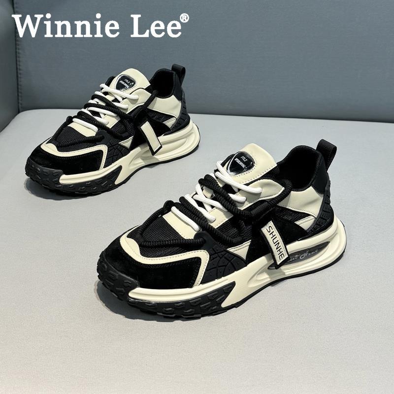 Winnie Lee秋季新款男鞋厚底时尚休闲鞋舒适防滑个性网面鞋透气轻