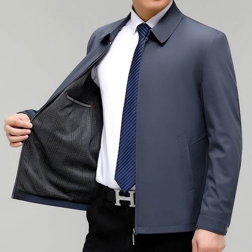 新男士夹衫款时尚闲中年商务2329-C纯色休翻领拉连克爸爸装外套